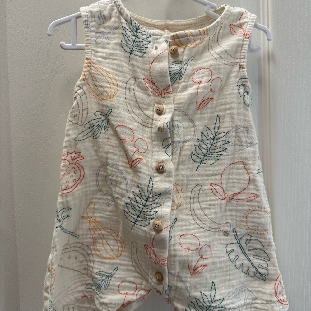 Zara Cream Muslin 3-6M Romper with Colorful Fruit & Leaf Embroidery